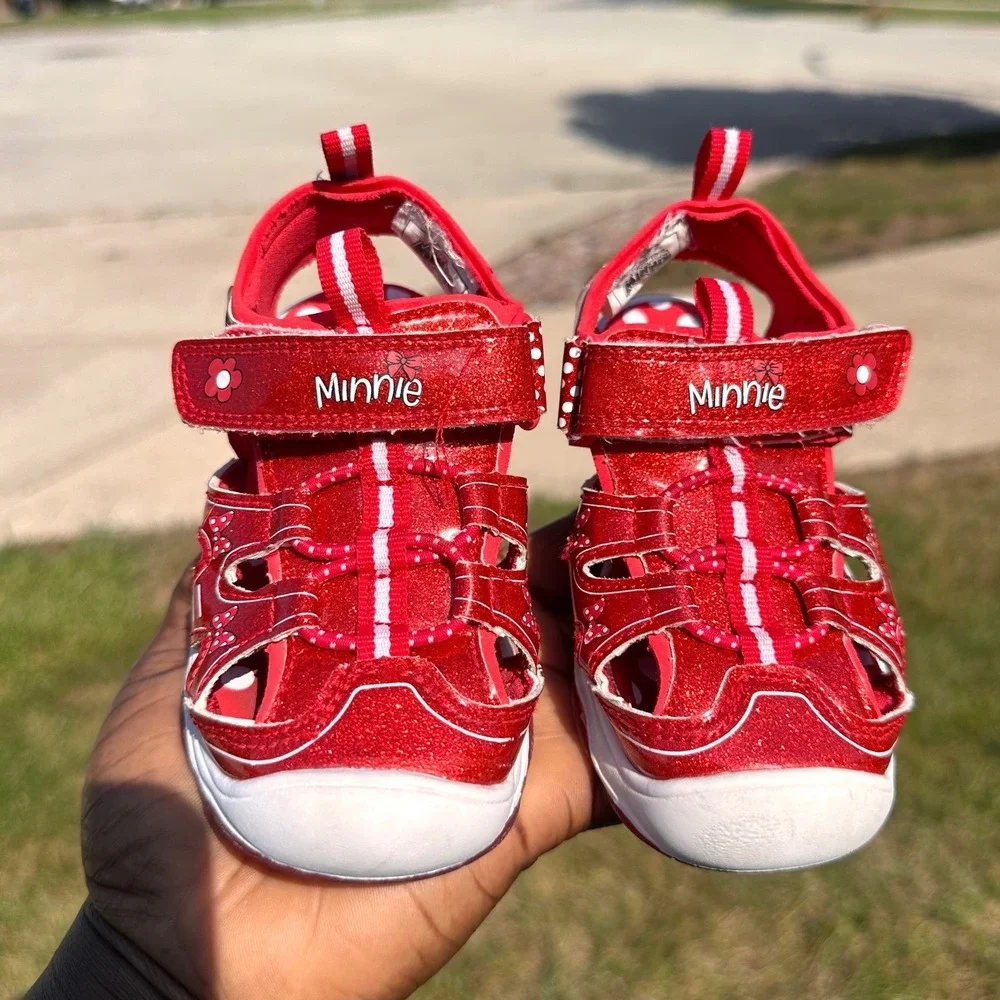 Disney Minnie Mouse Toddler Girls Red Glitter Polka Dot Light Up Sandals Size 7